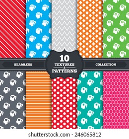 Seamless patterns and textures. Head with brain and idea lamp bulb icons. Female woman think symbols. Cogwheel gears signs. Love heart. Endless backgrounds with circles, lines and geometric elements.