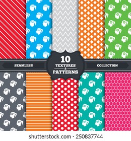Seamless patterns and textures. Head with brain icon. Female woman think symbols. Cogwheel gears signs. Endless backgrounds with circles, lines and geometric elements. Vector