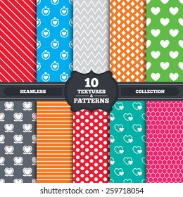 Seamless patterns and textures. Heart ribbon icon. Timer stopwatch symbol. Love and Heartbeat palpitation signs. Endless backgrounds with circles, lines and geometric elements. Vector