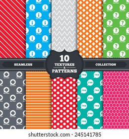 Seamless patterns and textures. Help point icons. Question and information symbols. FAQ speech bubble signs. Endless backgrounds with circles, lines and geometric elements. Vector