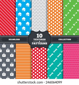 Seamless patterns and textures. Home key icon. Wrench service tool symbol. Locker sign. Main page web navigation. Endless backgrounds with circles, lines and geometric elements. Vector