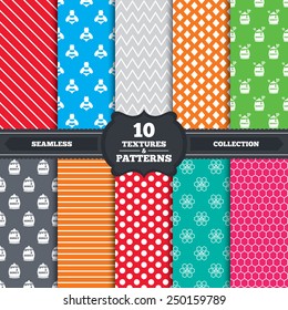 Seamless patterns and textures. Honey icon. Honeycomb cells with bees symbol. Sweet natural food signs. Endless backgrounds with circles, lines and geometric elements. Vector