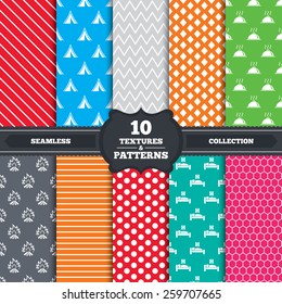 Seamless patterns and textures. Hot food, sleep, camping tent and fire icons. Hotel or bed and breakfast. Road signs. Endless backgrounds with circles, lines and geometric elements. Vector