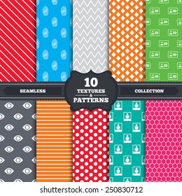 Seamless patterns and textures. Identity ID card badge icons. Eye and fingerprint symbols. Authentication signs. Photo frame with human person. Endless backgrounds with circles, lines.