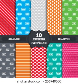 Seamless patterns and textures. Language icons. EN, DE, RU and CN translation symbols. English, German, Russian and Chinese languages. Endless backgrounds with circles, lines and geometric elements.