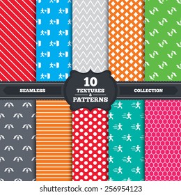 Seamless patterns and textures. Life insurance hands protection icon. Human running symbol. Emergency exit with arrow sign. Endless backgrounds with circles, lines and geometric elements. Vector