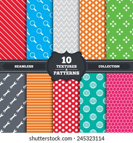 Seamless patterns and textures. Magnifier glass and globe search icons. Fullscreen arrows and wrench key repair sign symbols. Endless backgrounds with circles, lines and geometric elements. Vector