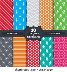 Seamless patterns and textures. Maternity icons. Baby infant, pregnancy and buggy signs. Baby carriage pram stroller symbols. Head with heart. Endless backgrounds with circles, lines. Vector