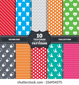 Seamless patterns and textures. Maternity icons. Pill, tooth, chemistry and heart signs. Blood donation symbol. Lab bulb with drops. Dental care. Endless backgrounds with circles, lines. Vector
