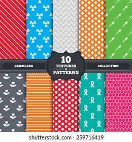 Seamless patterns and textures. Medicine icons. Syringe, life insurance, radiation and ribbon signs. Breast cancer awareness symbol. Hand holds heart. Endless backgrounds with circles, lines. Vector