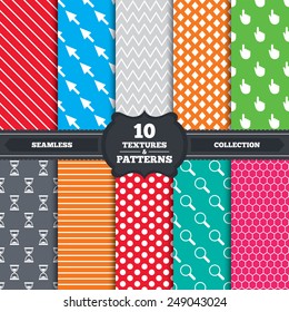 Seamless patterns and textures. Mouse cursor and hand pointer icons. Hourglass and magnifier glass navigation sign symbols. Endless backgrounds with circles, lines and geometric elements. Vector