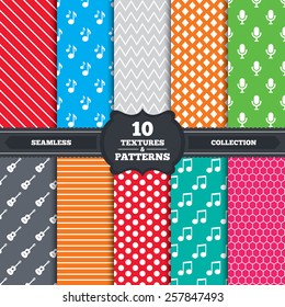Seamless patterns and textures. Music icons. Microphone karaoke symbol. Music notes and acoustic guitar signs. Endless backgrounds with circles, lines and geometric elements. Vector