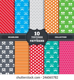 Seamless patterns and textures. Mustache and Glasses icons. Hipster symbols. Facial hair signs. Endless backgrounds with circles, lines and geometric elements. Vector