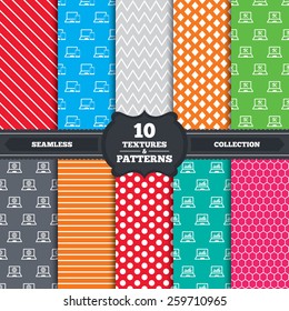 Seamless patterns and textures. Notebook laptop pc icons. Internet globe sign. Repair fix service symbol. Monitoring graph chart. Endless backgrounds with circles, lines and geometric elements. Vector