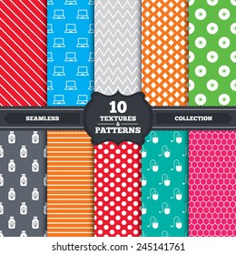 Seamless patterns and textures. Notebook pc and Usb flash drive stick icons. Computer mouse and CD or DVD sign symbols. Endless backgrounds with circles, lines and geometric elements. Vector