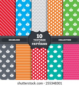 Seamless patterns and textures. Piggy bank icons. Dollar, Euro and Pound moneybox signs. Cash coin money symbols. Endless backgrounds with circles, lines and geometric elements. Vector