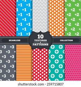 Seamless patterns and textures. Plus icons. Positive symbol. Add one, two, three and four more sign. Endless backgrounds with circles, lines and geometric elements. Vector