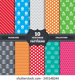 Seamless patterns and textures. Quiz icons. Human brain think. Checklist with check mark symbol. Survey poll or questionnaire feedback form sign. Endless backgrounds with circles, lines. Vector