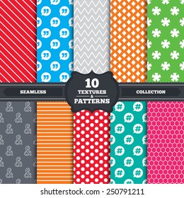 Seamless patterns and textures. Quote, asterisk footnote icons. Hashtag social media and ampersand symbols. Programming logical operator AND sign. Speech bubble. Endless backgrounds with circles.