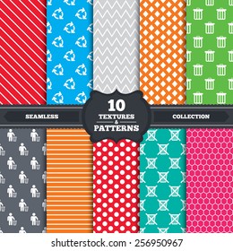 Seamless patterns and textures. Recycle bin icons. Reuse or reduce symbols. Human throw in trash can. Recycling signs. Endless backgrounds with circles, lines and geometric elements. Vector