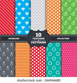 Seamless patterns and textures. Rings icons. Jewelry with shine diamond signs. Wedding or engagement symbols. Endless backgrounds with circles, lines and geometric elements. Vector