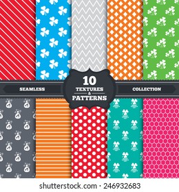 Seamless patterns and textures. Saint Patrick day icons. Money bag with clover and coins sign. Trefoil shamrock clover. Symbol of good luck. Endless backgrounds with circles, lines. Vector