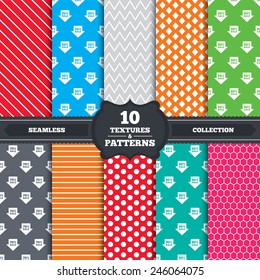 Seamless patterns and textures. Sale arrow tag icons. Discount special offer symbols. 50%, 60%, 70% and 80% percent sale signs. Endless backgrounds with circles, lines and geometric elements. Vector
