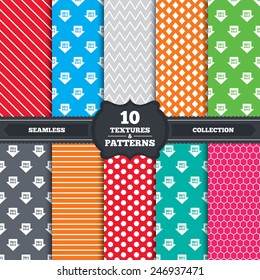 Seamless patterns and textures. Sale arrow tag icons. Discount special offer symbols. 30%, 50%, 70% and 90% percent sale signs. Endless backgrounds with circles, lines and geometric elements. Vector