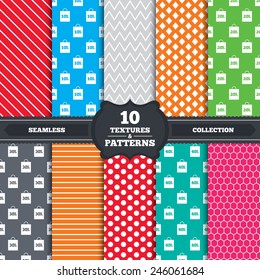 Seamless patterns and textures. Sale bag tag icons. Discount special offer symbols. 10%, 20%, 30% and 40% percent discount signs. Endless backgrounds with circles, lines and geometric elements. Vector