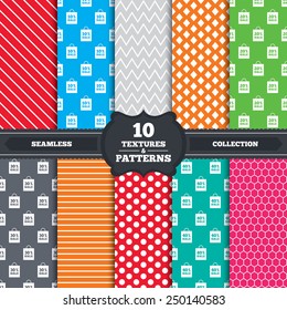 Seamless patterns and textures. Sale bag tag icons. Discount special offer symbols. 10%, 20%, 30% and 40% percent sale signs. Endless backgrounds with circles, lines and geometric elements. Vector