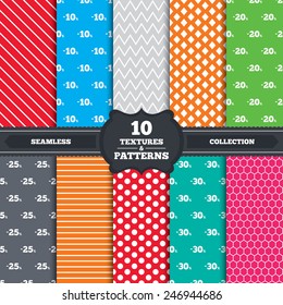 Seamless patterns and textures. Sale discount icons. Special offer price signs. 10, 20, 25 and 30 percent off reduction symbols. Endless backgrounds with circles, lines and geometric elements. Vector