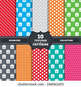 Seamless patterns and textures. Sale gift box tag icons. Discount special offer symbols. 10%, 20%, 30% and 40% percent discount signs. Endless backgrounds with circles, lines. Vector