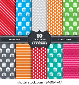 Seamless patterns and textures. Sale gift box tag icons. Discount special offer symbols. 10%, 20%, 30% and 40% percent off signs. Endless backgrounds with circles, lines and geometric elements. Vector