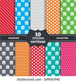 Seamless patterns and textures. Sale gift box tag icons. Discount special offer symbols. 30%, 50%, 70% and 90% percent sale signs. Endless backgrounds with circles, lines and geometric elements.