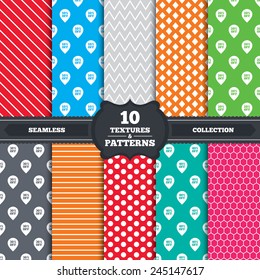 Seamless patterns and textures. Sale pointer tag icons. Discount special offer symbols. 10%, 20%, 30% and 40% percent off signs. Endless backgrounds with circles, lines and geometric elements. Vector