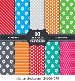 Seamless patterns and textures. Sale pointer tag icons. Discount special offer symbols. 10%, 20%, 30% and 40% percent discount signs. Endless backgrounds with circles, lines elements. Vector