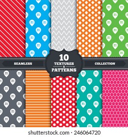 Seamless patterns and textures. Sale pointer tag icons. Discount special offer symbols. 30%, 50%, 70% and 90% percent sale signs. Endless backgrounds with circles, lines and geometric elements. Vector