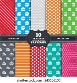 Seamless patterns and textures. Sale speech bubble icons. Buy cart symbols. Black friday gift box signs. Big sale shopping bag. Endless backgrounds with circles, lines and geometric elements. Vector