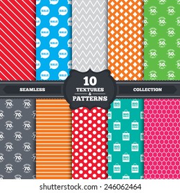 Seamless patterns and textures. Sale speech bubble icon. 50% and 70% percent discount symbols. Big sale shopping bag sign. Endless backgrounds with circles, lines and geometric elements. Vector