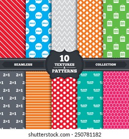 Seamless patterns and textures. Sale speech bubble icons. Two equals one. Black friday sign. Big sale shopping bag symbol. Endless backgrounds with circles, lines and geometric elements. Vector
