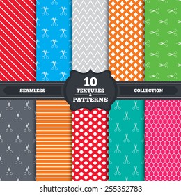 Seamless patterns and textures. Scissors icons. Hairdresser or barbershop symbol. Scissors cut hair. Cut dash dotted line. Tailor symbol. Endless backgrounds with circles, lines. Vector