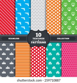 Seamless patterns and textures. Security agency icons. Home shield protection symbols. Gun weapon sign. Group of people or Share. Endless backgrounds with circles, lines and geometric elements. Vector