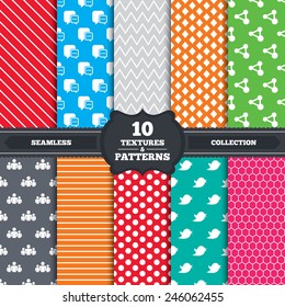 Seamless patterns and textures. Social media icons. Chat speech bubble and Bird chick symbols. Human group sign. Endless backgrounds with circles, lines and geometric elements. Vector