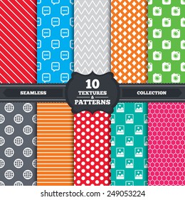 Seamless patterns and textures. Social media icons. Chat speech bubble and world globe symbols. Hipster photo camera sign. Landscape photo frame. Endless backgrounds with circles, lines. Vector