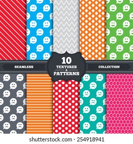 Seamless patterns and textures. Speech bubble smile face icons. Happy, sad, cry signs. Happy smiley chat symbol. Sadness depression and crying signs. Endless backgrounds with circles, lines. Vector