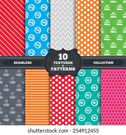 Seamless patterns and textures. Stop smoking and no sound signs. Private territory parking or public access. Cigarette and hand symbol. Endless backgrounds with circles, lines and geometric elements.