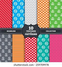 Seamless patterns and textures. Stop smoking and no sound signs. Private territory parking or public access. Cigarette symbol. Speaker volume. Endless backgrounds with circles, lines. Vector