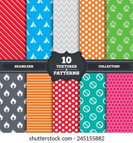 Seamless patterns and textures. Tourist camping tent icon. Fire flame and stop prohibition sign symbols. Endless backgrounds with circles, lines and geometric elements. Vector