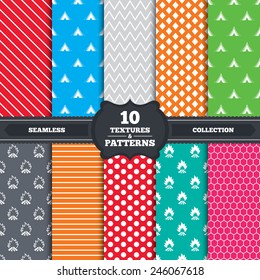 Seamless patterns and textures. Tourist camping tent icons. Fire flame sign symbols. Endless backgrounds with circles, lines and geometric elements. Vector