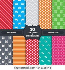 Seamless patterns and textures. Transport icons. Car tachometer and manual transmission symbols. Petrol or Gas station sign. Endless backgrounds with circles, lines and geometric elements. Vector